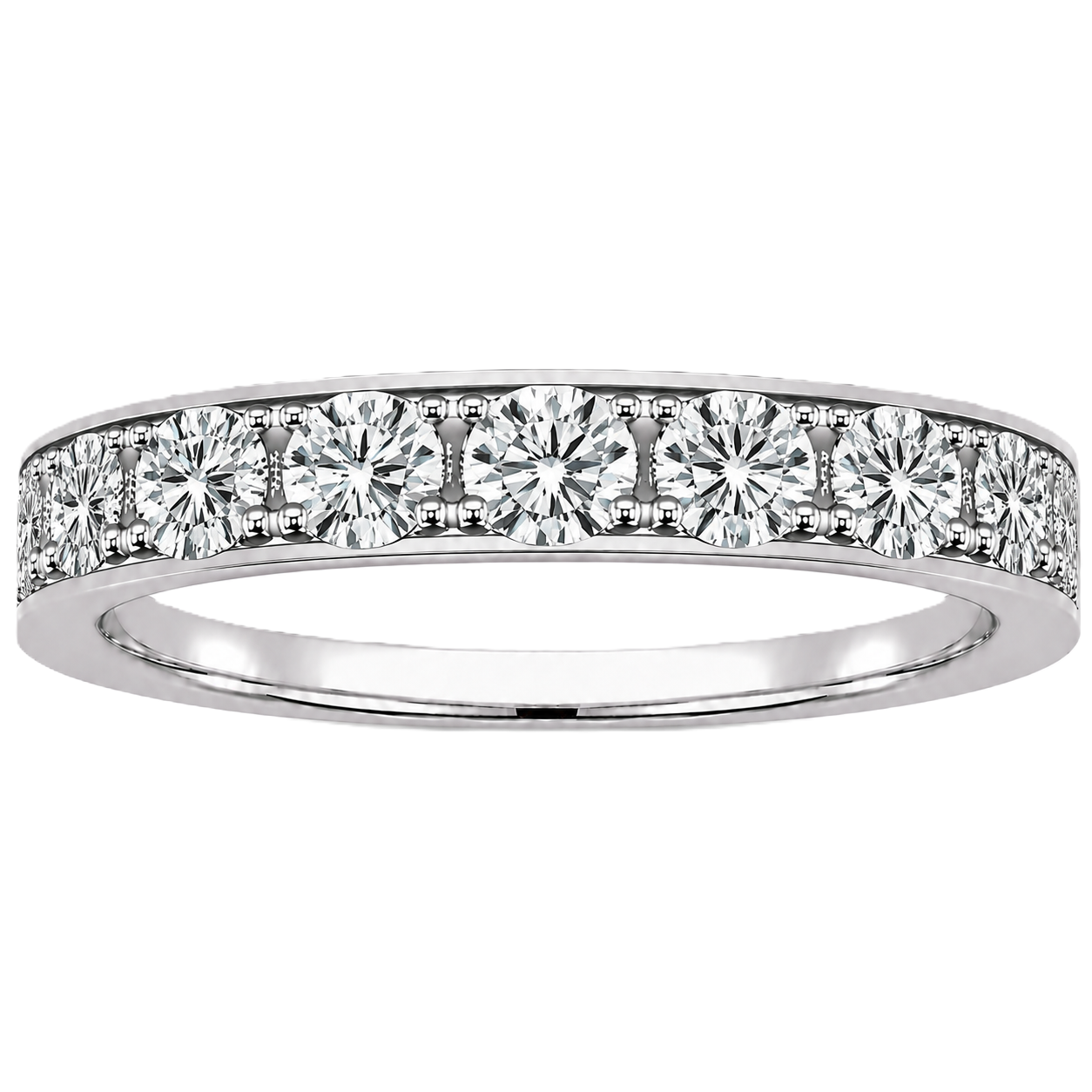 Round moissanite wedding band crafted in white gold-plated 925 silver. Elegant brilliance and timeless sparkle for everyday wear. Available now at BSI Jewelry.