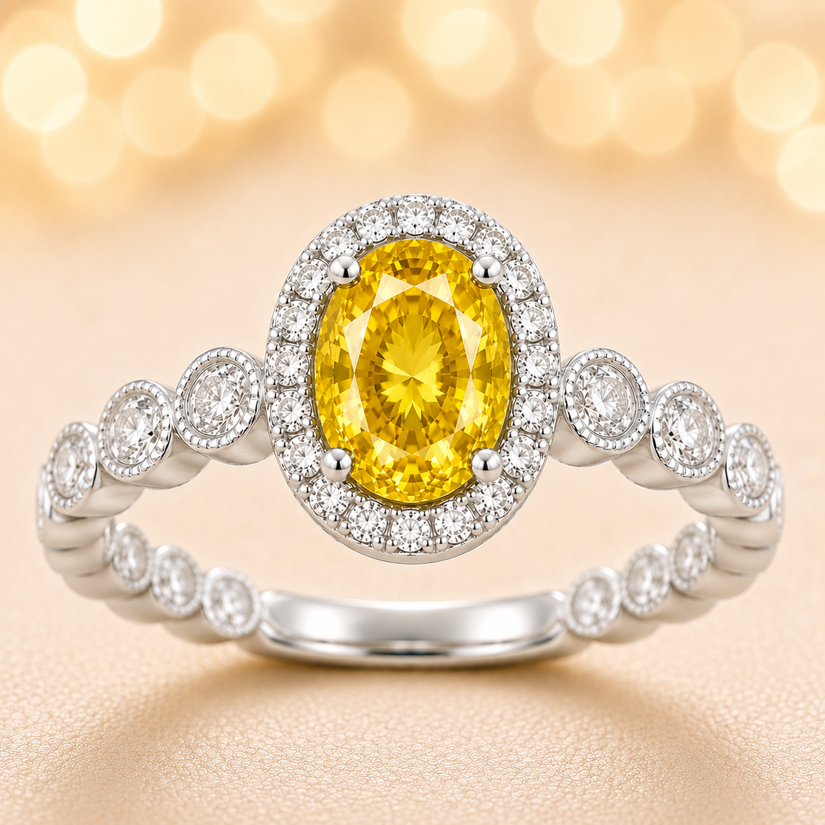 7×5 mm yellow sapphire ring with white Moissanite in white gold-plated hypoallergenic 925 silver. Elegant brilliance with warm color. Available now at BSI Jewelry.