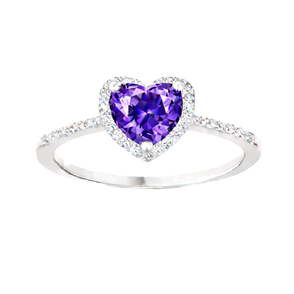 Amethyst ring with a 6 mm heart cut, crafted in white gold-plated 925 silver and accented with moissanite. Available now at BSI Jewelry.