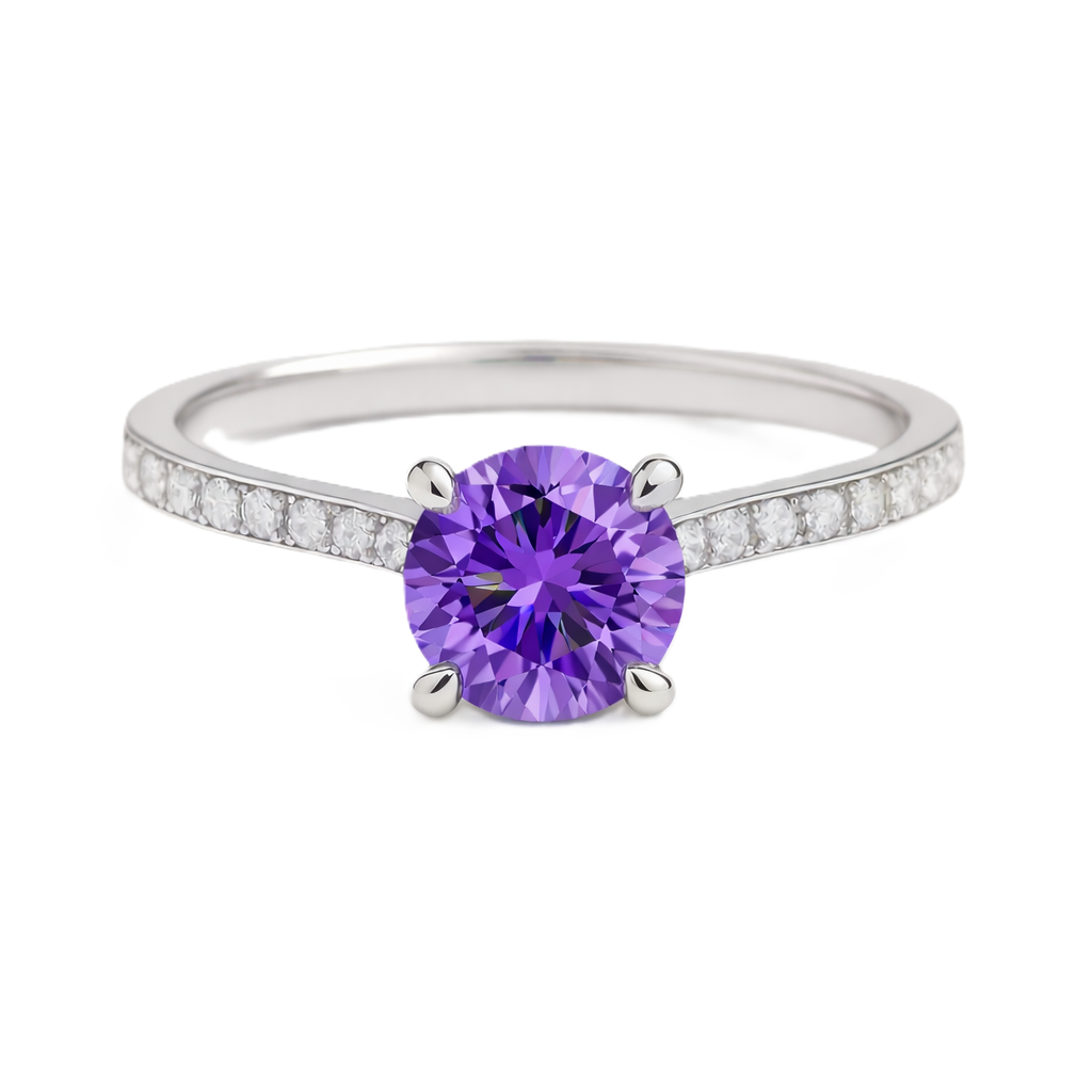 Amethyst ring with a 6 mm round-cut and moissanite accents, crafted in white gold-plated 925 silver. Elegant for daily wear. Available now at BSI Jewelry.