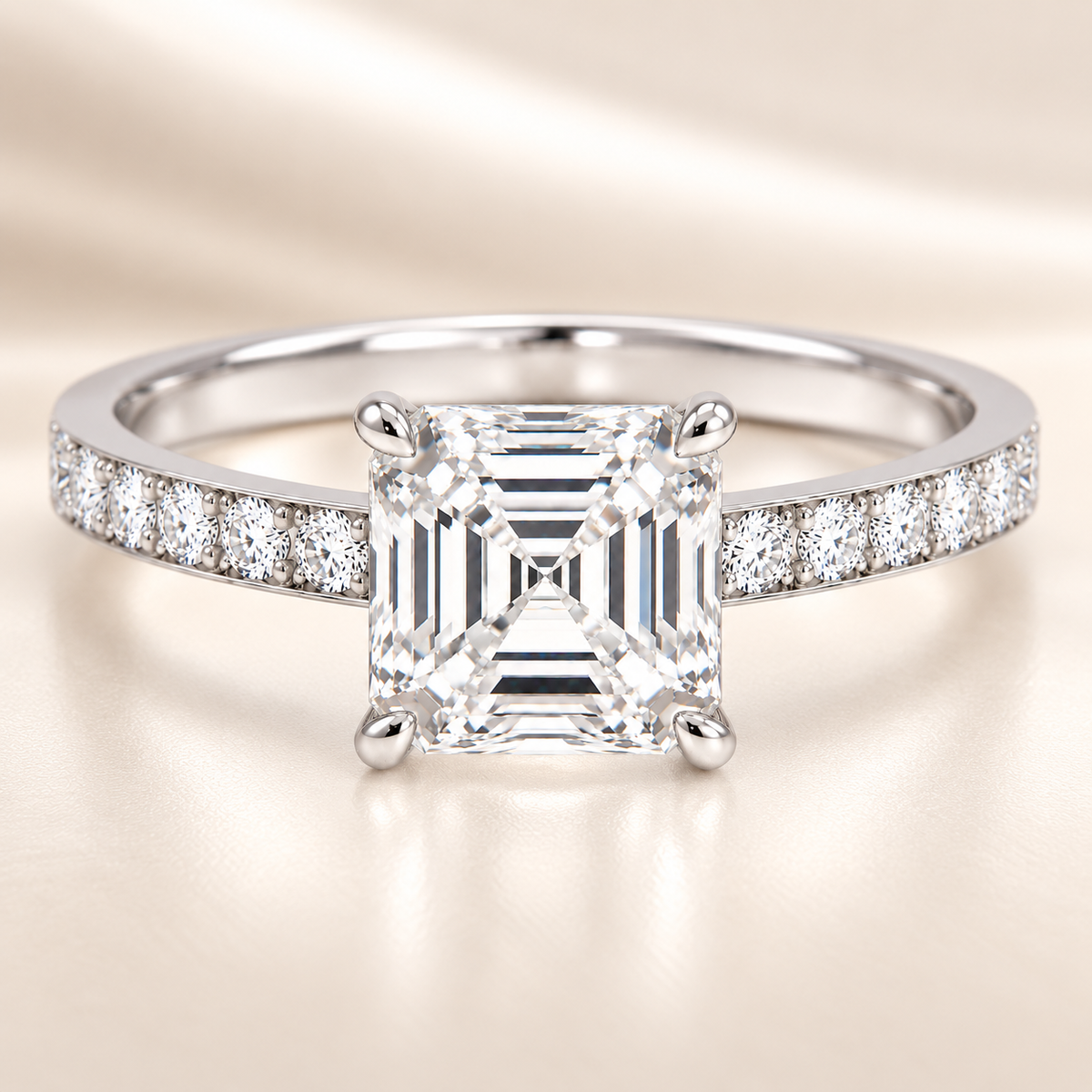 Asscher moissanite engagement ring featuring a 6 mm center stone and pavé band in white gold-plated 925 silver. Vintage elegance by BSI Jewelry.