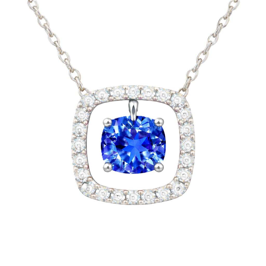 Blue sapphire necklace with a 6 mm cushion cut and moissanite halo, crafted in white gold-plated 925 silver. Elegant and refined. Available now at BSI Jewelry.