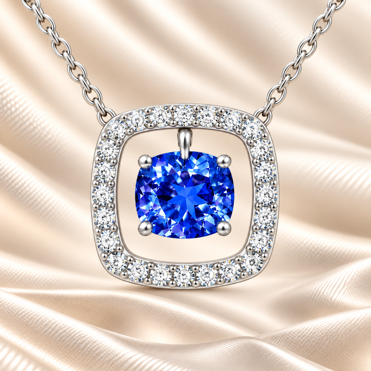 Blue sapphire necklace with a 6 mm cushion cut and moissanite halo, crafted in white gold-plated 925 silver. Elegant and refined. Available now at BSI Jewelry.