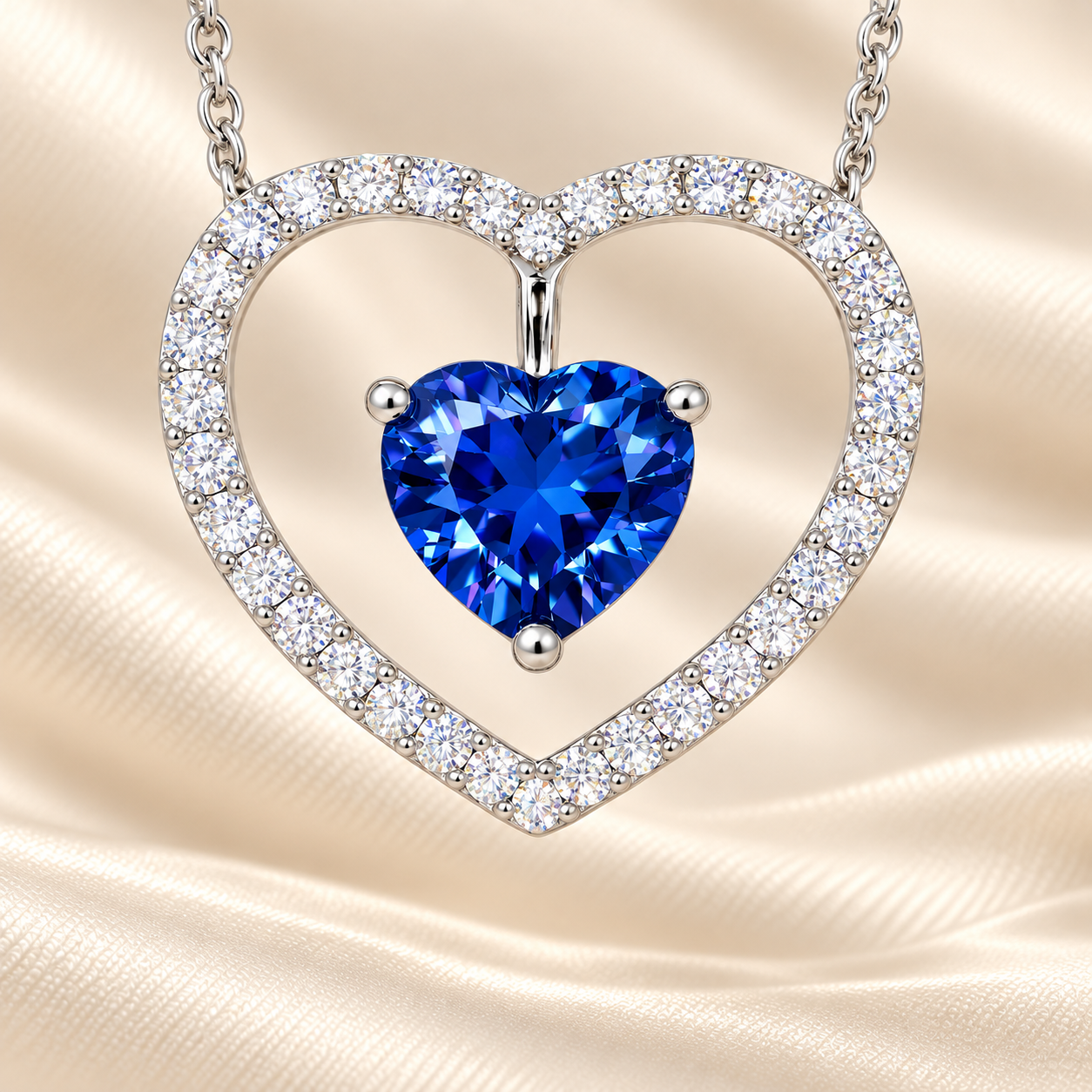 Blue sapphire necklace with a 6 mm heart cut and moissanite halo, crafted in white gold-plated 925 silver. Elegant and romantic. Available now at BSI Jewelry.