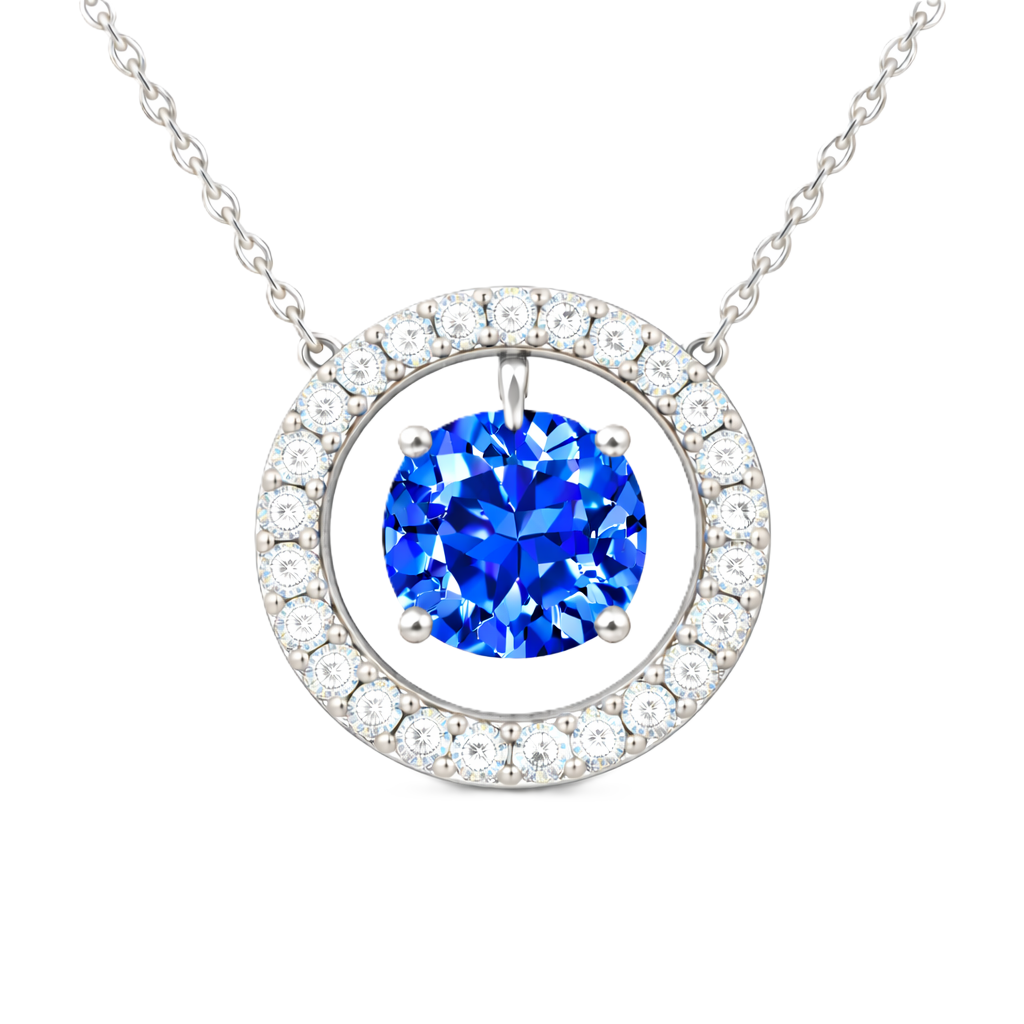 Blue sapphire necklace with a 6 mm round cut in white gold-plated 925 silver and moissanite accents. Elegant for daily wear. Available now at BSI Jewelry.