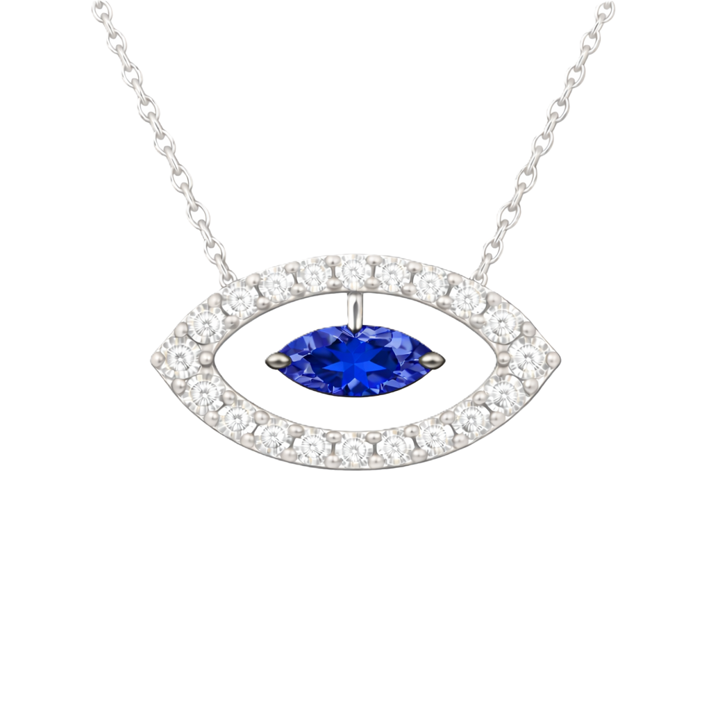 Blue sapphire necklace with a 7×3.5 mm marquise cut in white gold-plated 925 silver and moissanite accents. Elegant for daily wear. Available now at BSI Jewelry.