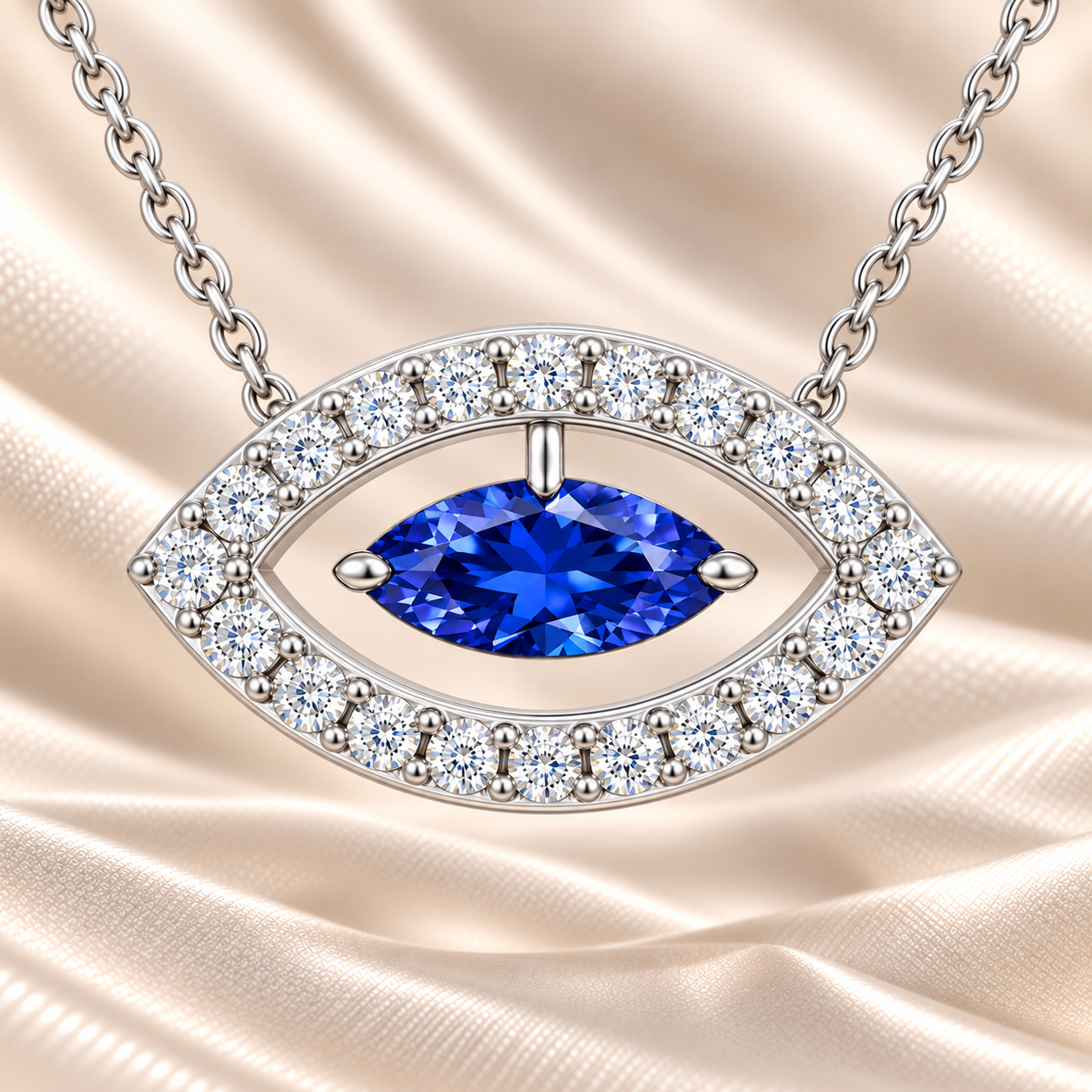 Blue sapphire necklace with a 7×3.5 mm marquise cut in white gold-plated 925 silver and moissanite accents. Elegant for daily wear. Available now at BSI Jewelry.
