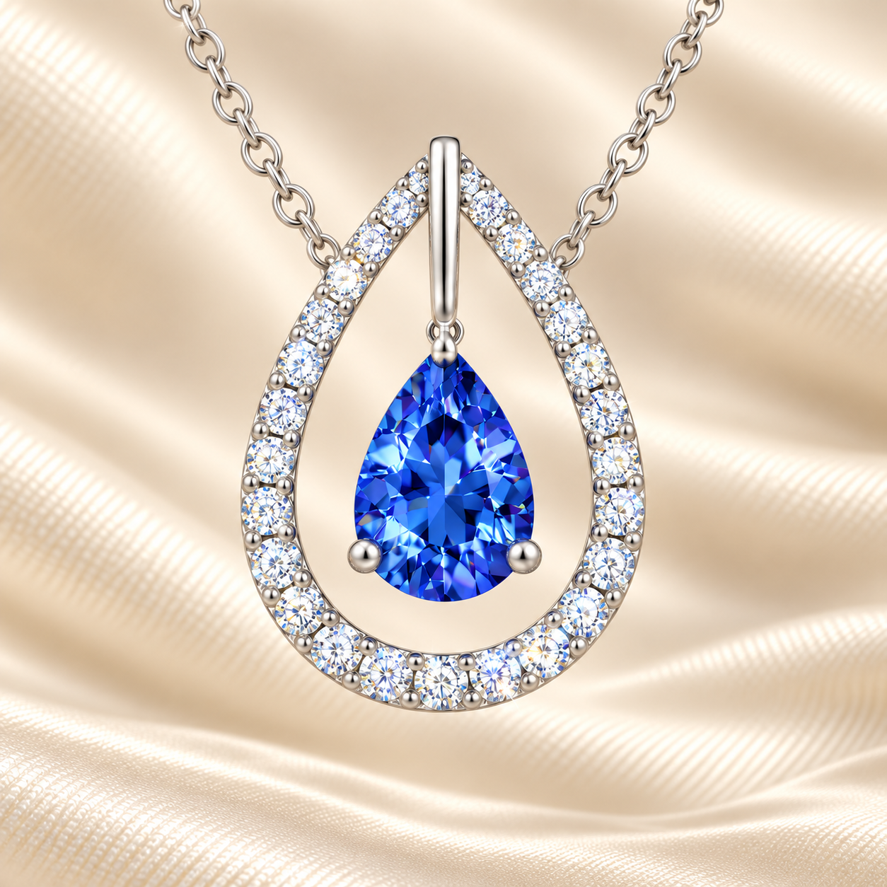 Blue sapphire necklace with a 7×5 mm pear cut and moissanite halo, crafted in white gold-plated 925 silver. Elegant and refined. Available now at BSI Jewelry.