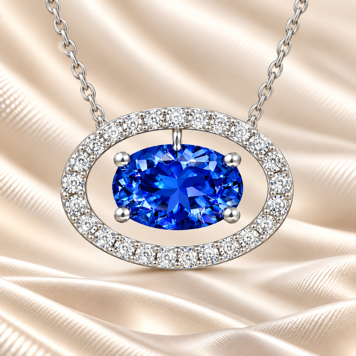 Blue sapphire necklace with an 8×5 mm oval cut and moissanite halo, crafted in white gold-plated 925 silver. Elegant and refined. Available now at BSI Jewelry.