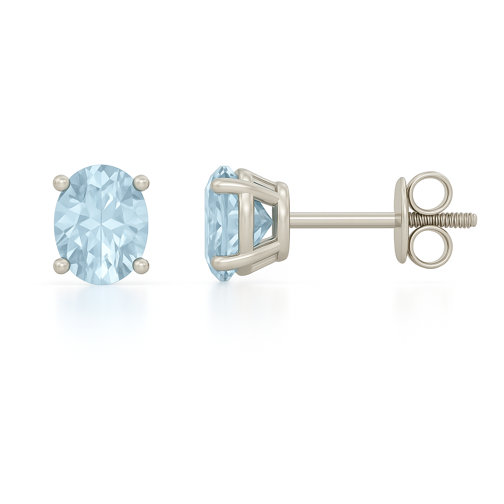 Elegant 6×4mm oval-cut Blue Sapphire stud earrings in white-gold-plated 925 silver, hypoallergenic and safe to wear. Available now at BSI Jewelry.