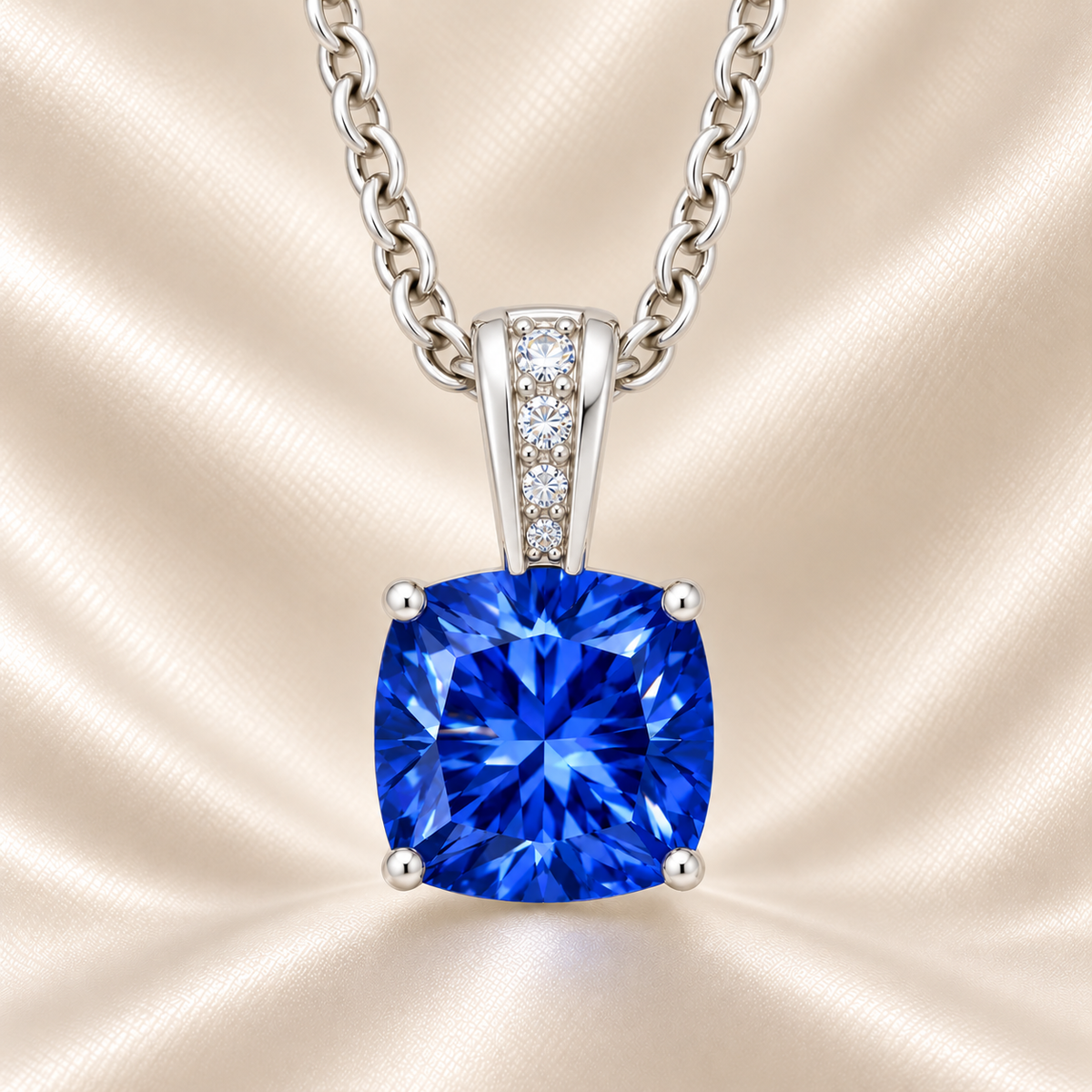 Blue sapphire pendant with a 6 mm cushion gemstone in white gold-plated 925 silver, accented with moissanite. Elegant and refined. Available now at BSI Jewelry.