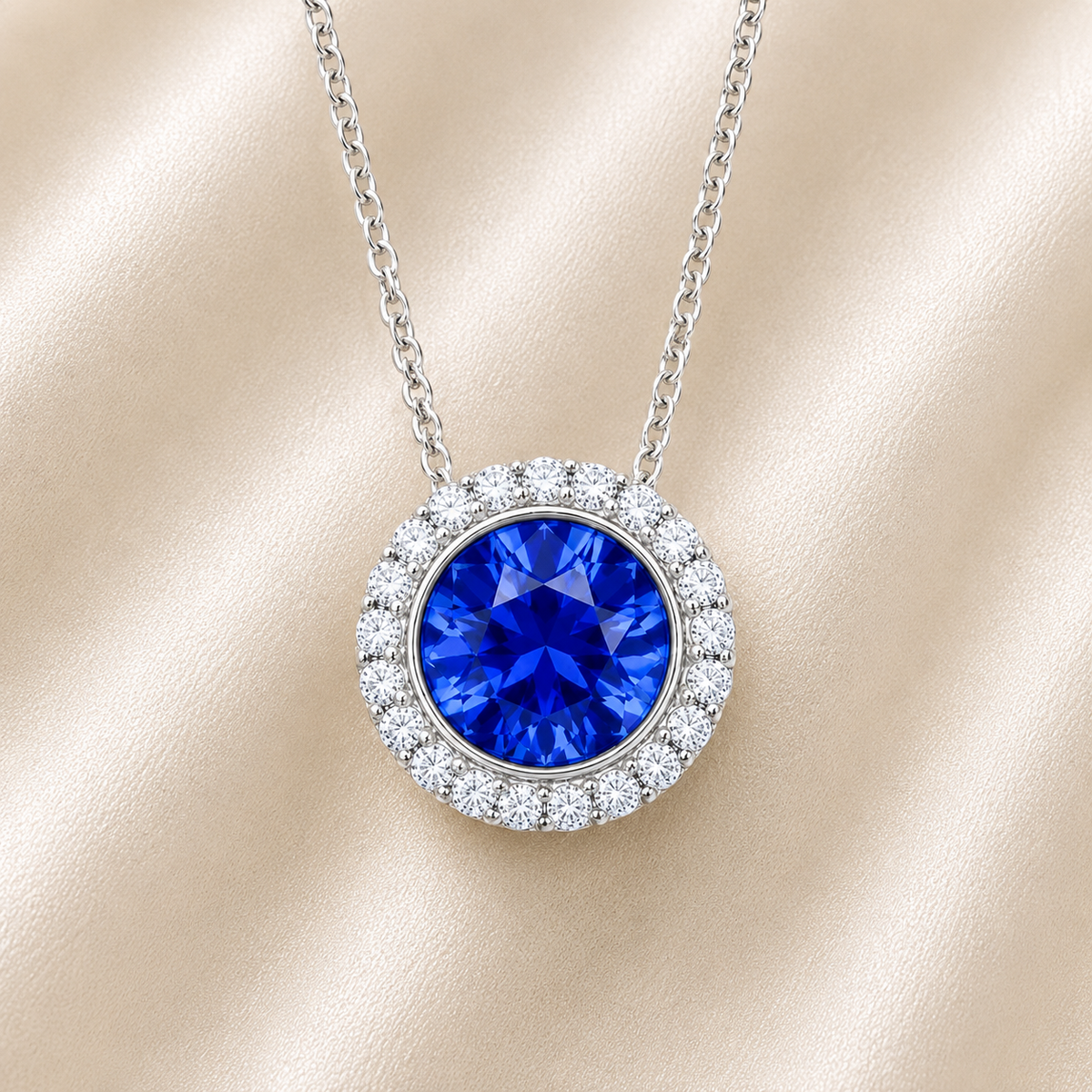 Blue sapphire pendant with 6 mm round stone in white gold-plated 925 silver, accented with moissanite and adjustable cable chain. Available now at BSI Jewelry.