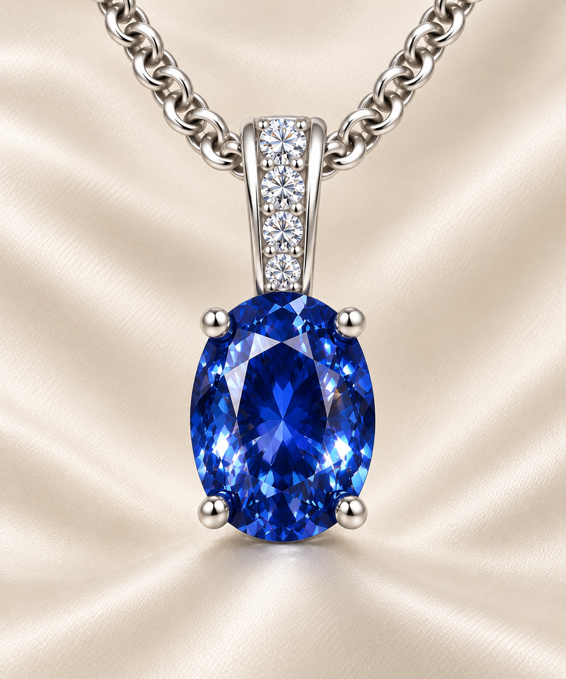 Blue sapphire pendant, 7×5 mm oval, crafted in white gold-plated 925 silver. Elegant and hypoallergenic for daily wear. Available now at BSI Jewelry.
