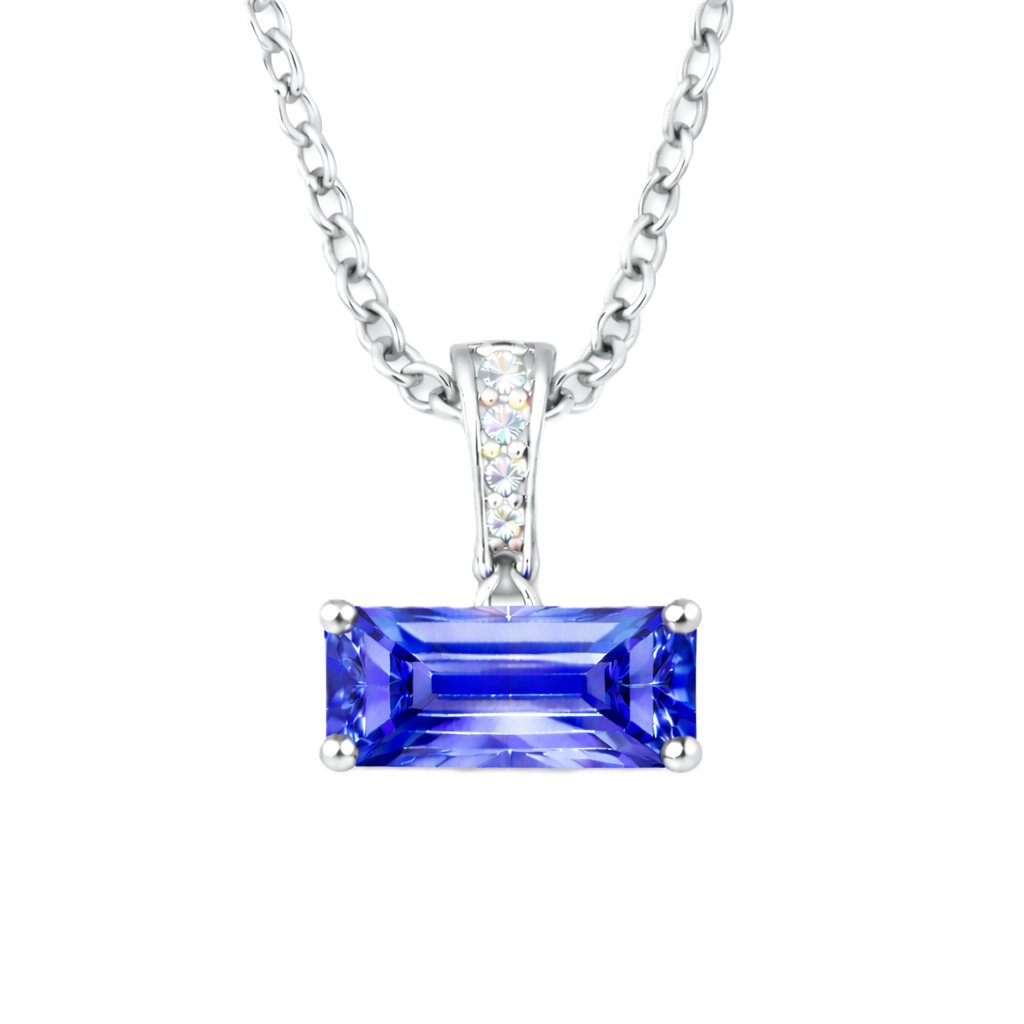 Blue sapphire pendant with an 8×5 mm baguette in white gold-plated 925 silver, accented with moissanite. Elegant and refined. Available now at BSI Jewelry.