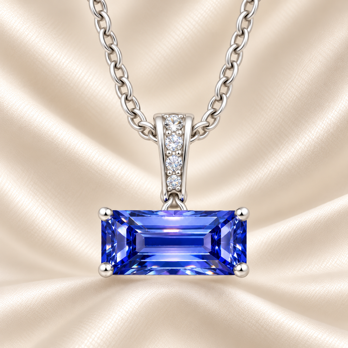 Blue sapphire pendant with an 8×5 mm baguette in white gold-plated 925 silver, accented with moissanite. Elegant and refined. Available now at BSI Jewelry.
