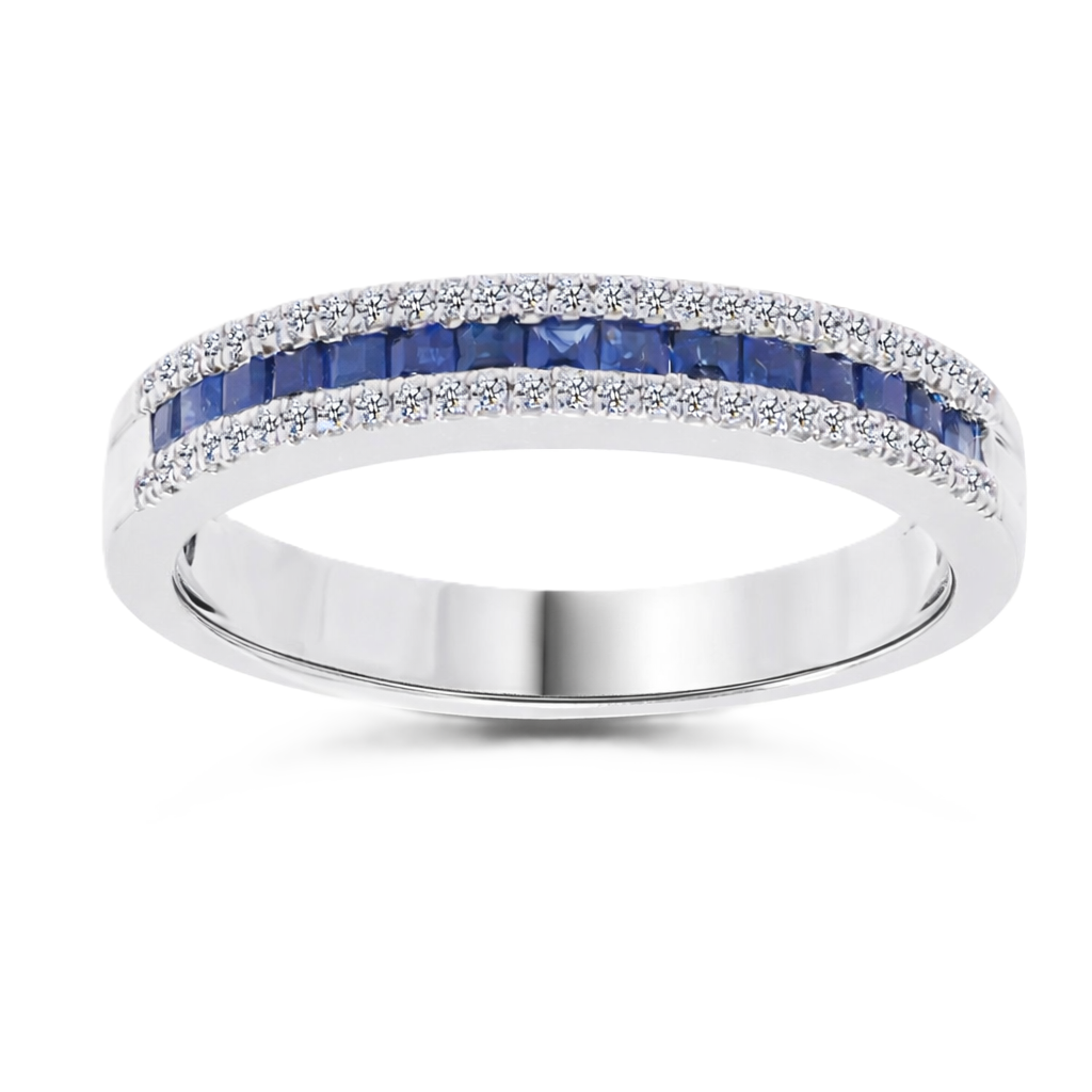 Blue sapphire ring with 1.40 mm square stones in white gold-plated 925 silver, accented with moissanite for refined sparkle. Available now at BSI Jewelry.