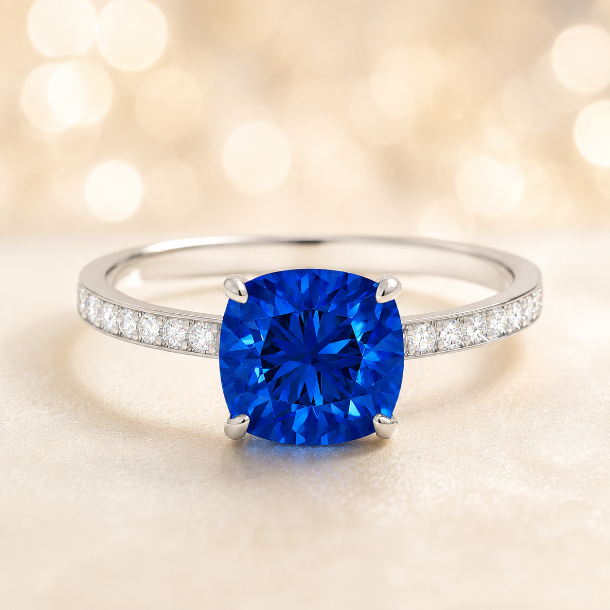 Blue sapphire ring, 6 mm cushion, crafted in white gold-plated 925 silver. Hypoallergenic and elegant for daily wear. Available now at BSI Jewelry.