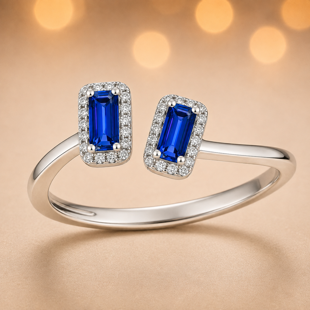 Blue sapphire ring with 6×3 mm baguette cut stones in white gold-plated 925 silver, accented with moissanite. Modern and elegant. Available now at BSI Jewelry.