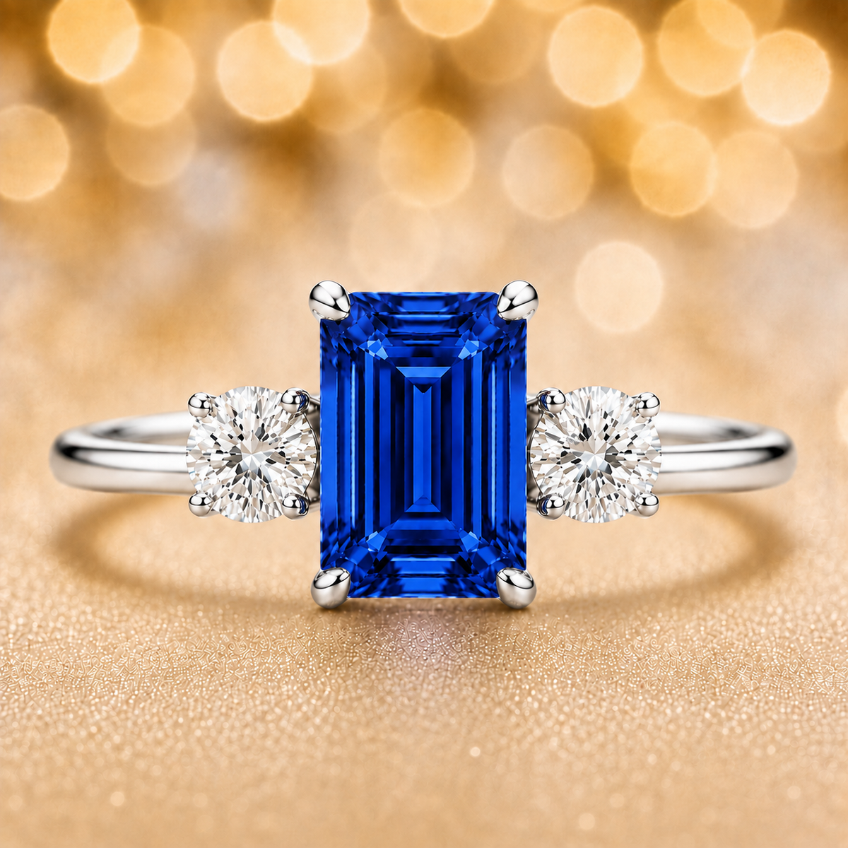 Blue sapphire ring, 6×4 mm emerald cut with 3 mm moissanite sides, set in white gold-plated 925 silver. Elegant and hypoallergenic. Available now at BSI Jewelry.