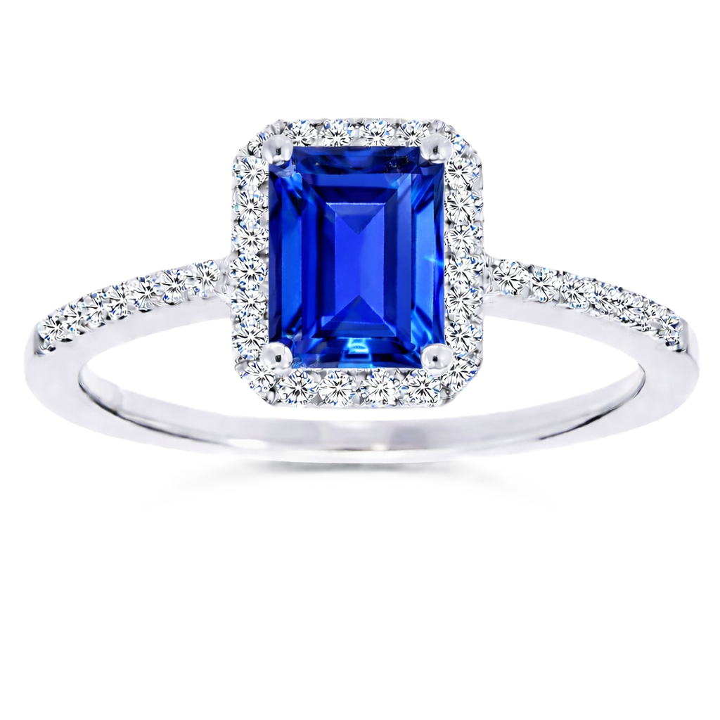 Blue sapphire ring with a 7×5 mm emerald cut, with moissanite in white gold-plated 925 silver. Elegant and timeless for daily wear. Available now at BSI Jewelry.
