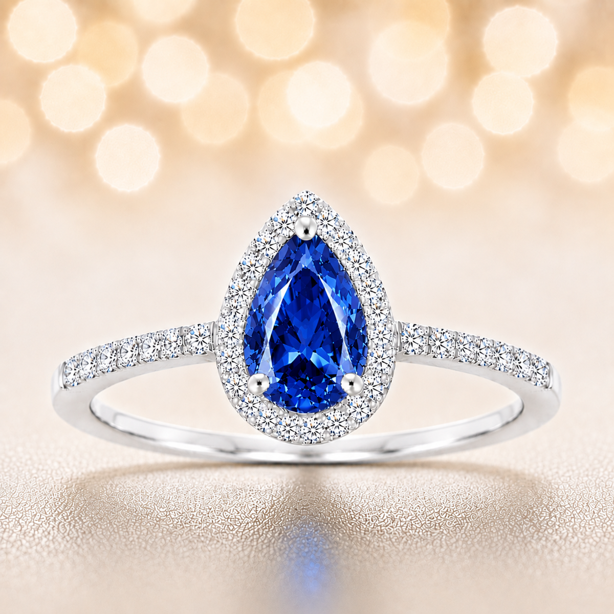 Blue sapphire ring with a 7×5 mm pear cut, with moissanite in white gold-plated 925 silver. Elegant and timeless for daily wear. Available now at BSI Jewelry.