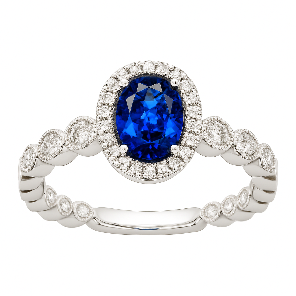 7×5 mm blue sapphire ring with white Moissanite in white gold-plated hypoallergenic 925 silver. Elegant brilliance with rich color. Available now at BSI Jewelry.