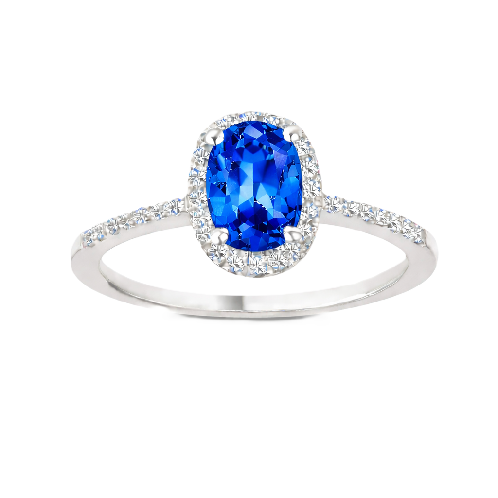 Blue sapphire ring with a 7×5 mm oval cut in white gold-plated 925 silver, with moissanite. Elegant and refined for daily wear. Available now at BSI Jewelry.