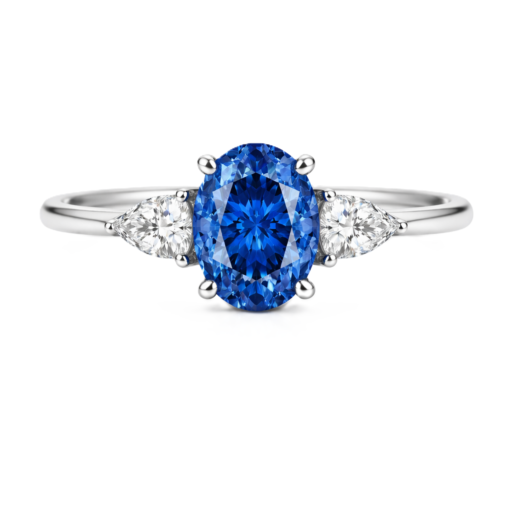 Blue sapphire ring with 7×5 mm oval center in white gold-plated 925 silver. Hypoallergenic silver for comfortable daily wear. Available now at BSI Jewelry.