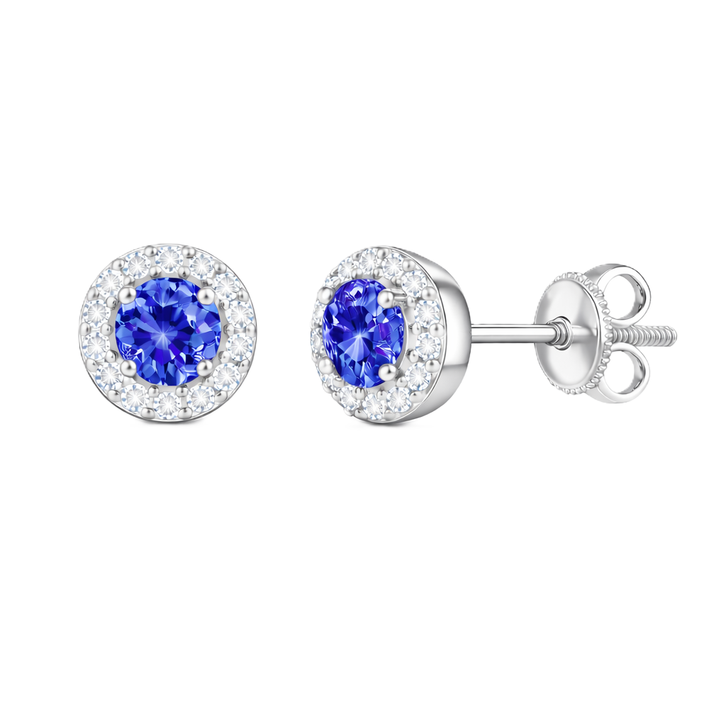 Blue sapphire stud earrings with 4 mm round cut in white gold-plated 925 silver, accented with moissanite and screw-back posts. Available now at BSI Jewelry.