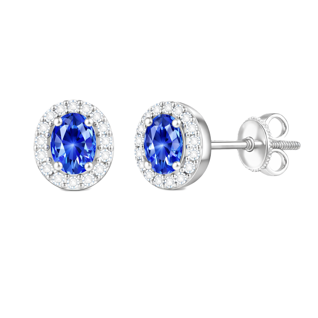 Blue sapphire stud earrings with 5×3 mm oval in white gold-plated 925 silver, accented with moissanite and secure screw-back posts. Available now at BSI Jewelry.