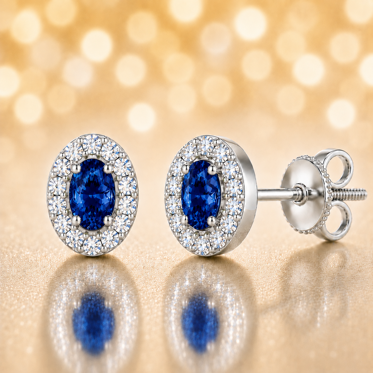 Blue sapphire stud earrings with 5×3 mm oval in white gold-plated 925 silver, accented with moissanite and secure screw-back posts. Available now at BSI Jewelry.