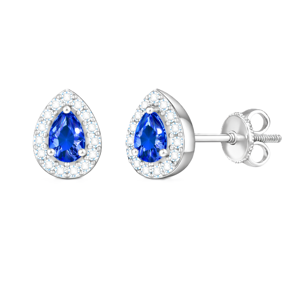 Blue sapphire stud earrings with 5×3 mm pear in white gold-plated 925 silver, accented with moissanite and secure screw-back posts. Available now at BSI Jewelry.