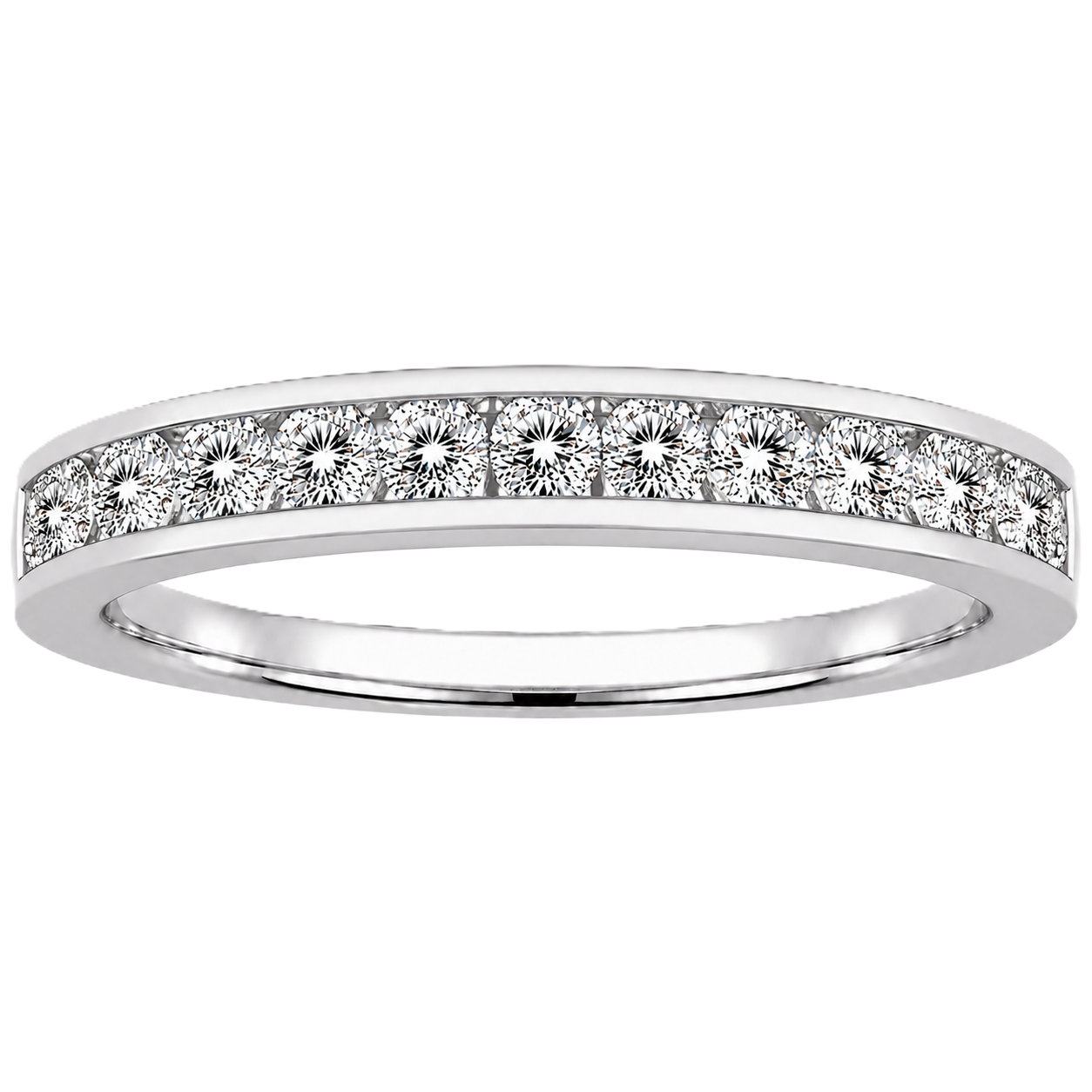 Round moissanite wedding band crafted in white gold-plated 925 silver. Elegant brilliance and timeless sparkle for everyday wear. Available now at BSI Jewelry.