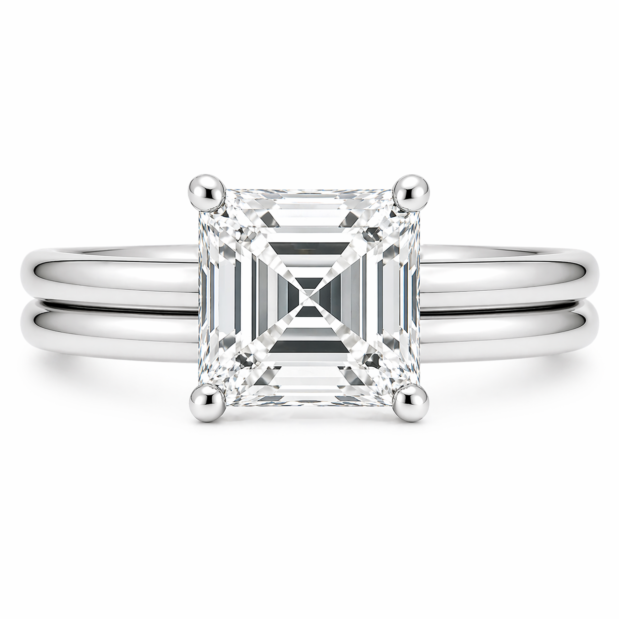 Carré cut moissanite ring, 10 mm, set in white gold plated 925 silver. Bold geometric brilliance with modern elegance. Available now at BSI Jewelry.