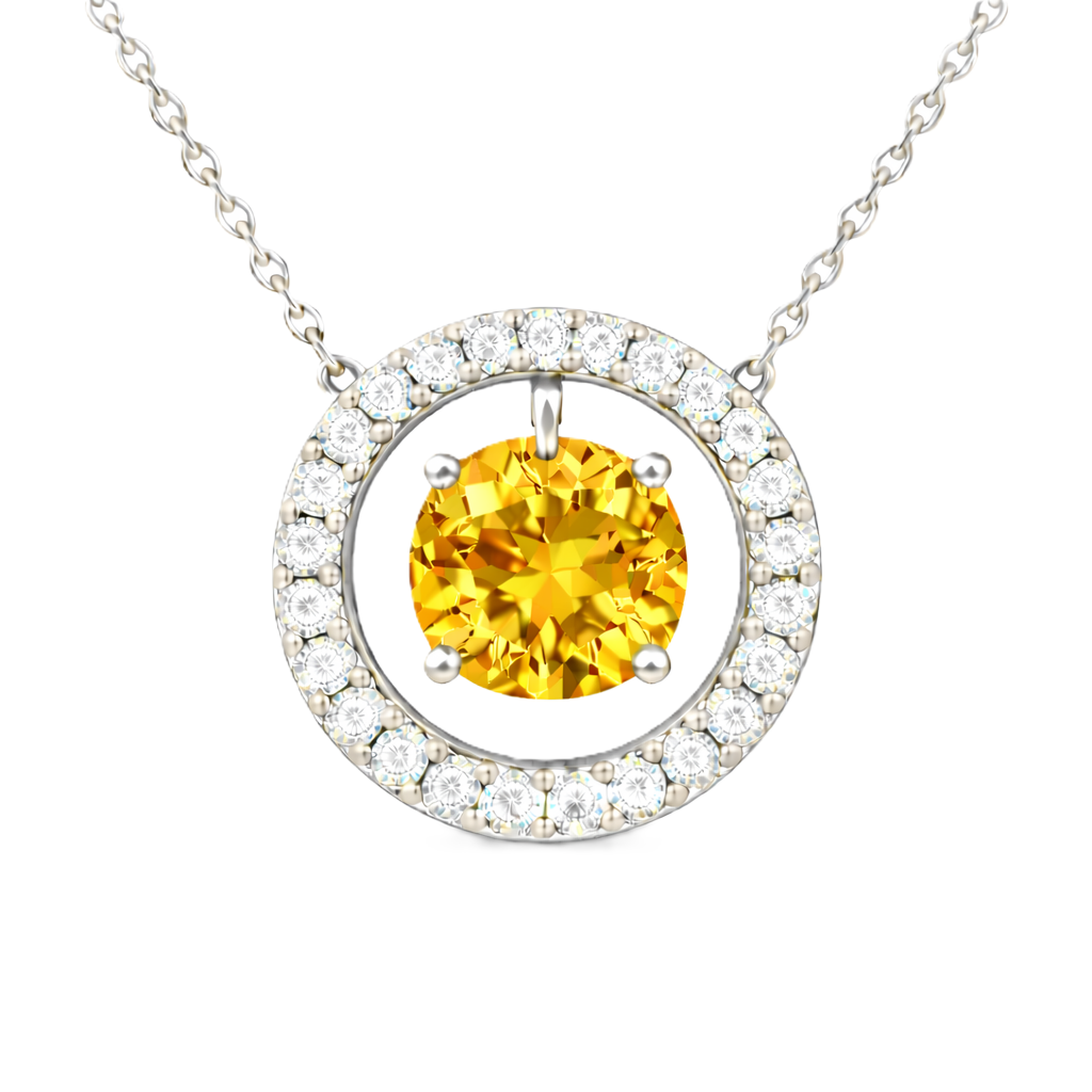 Citrine necklace with a 6 mm round gemstone and moissanite halo in white gold-plated 925 silver. Elegant and radiant. Available now at BSI Jewelry.