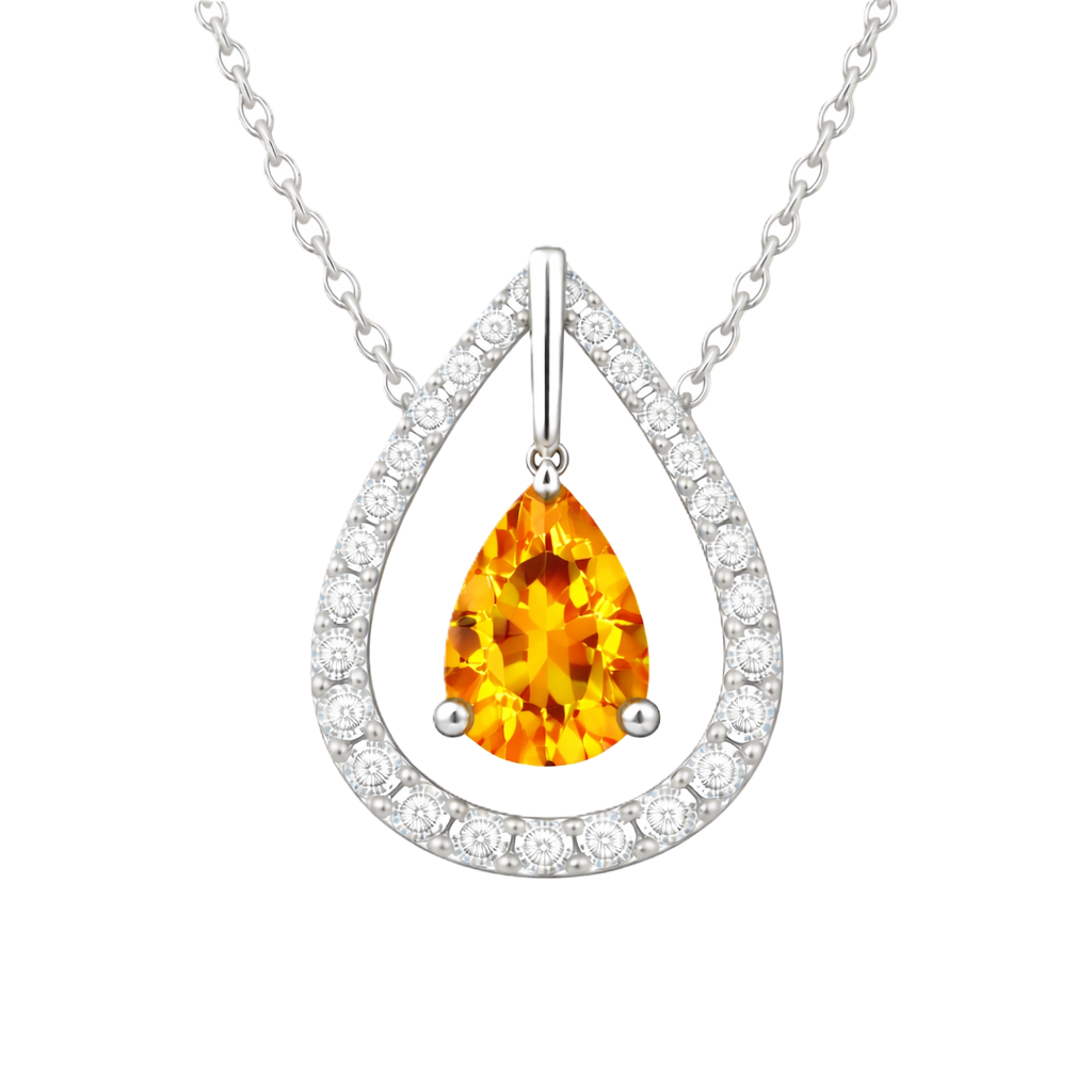 Citrine necklace with a 7×5 mm pear-cut in white gold-plated 925 silver, accented by a moissanite halo. Elegant and refined. Available now at BSI Jewelry.