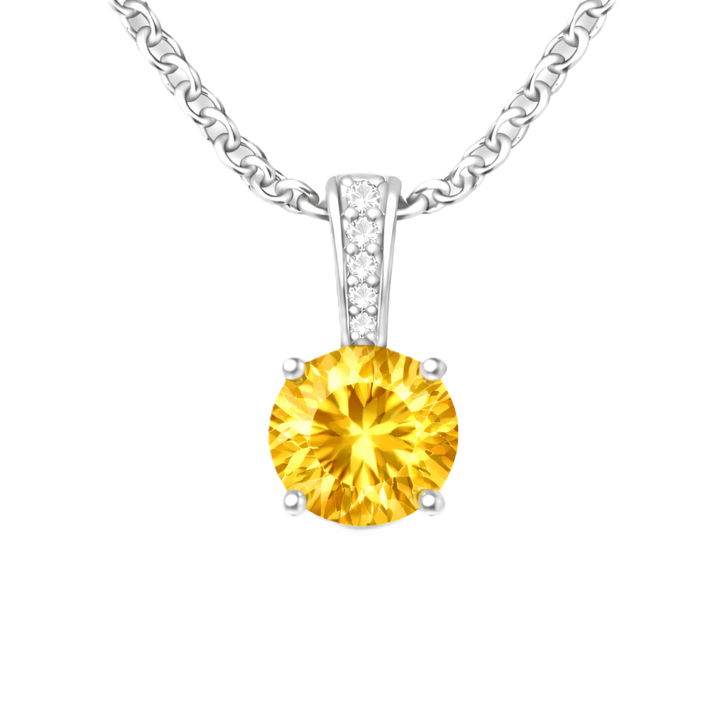 Citrine pendant with a 6 mm round cut, set in white gold-plated 925 silver. Warm, radiant, and elegant for daily wear. Available now at BSI Jewelry.
