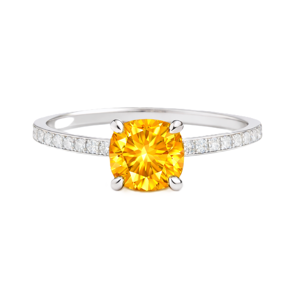 Citrine ring with a 6 mm cushion in white gold-plated 925 silver, accented with moissanite. Fresh and elegant for daily wear. Available now at BSI Jewelry.