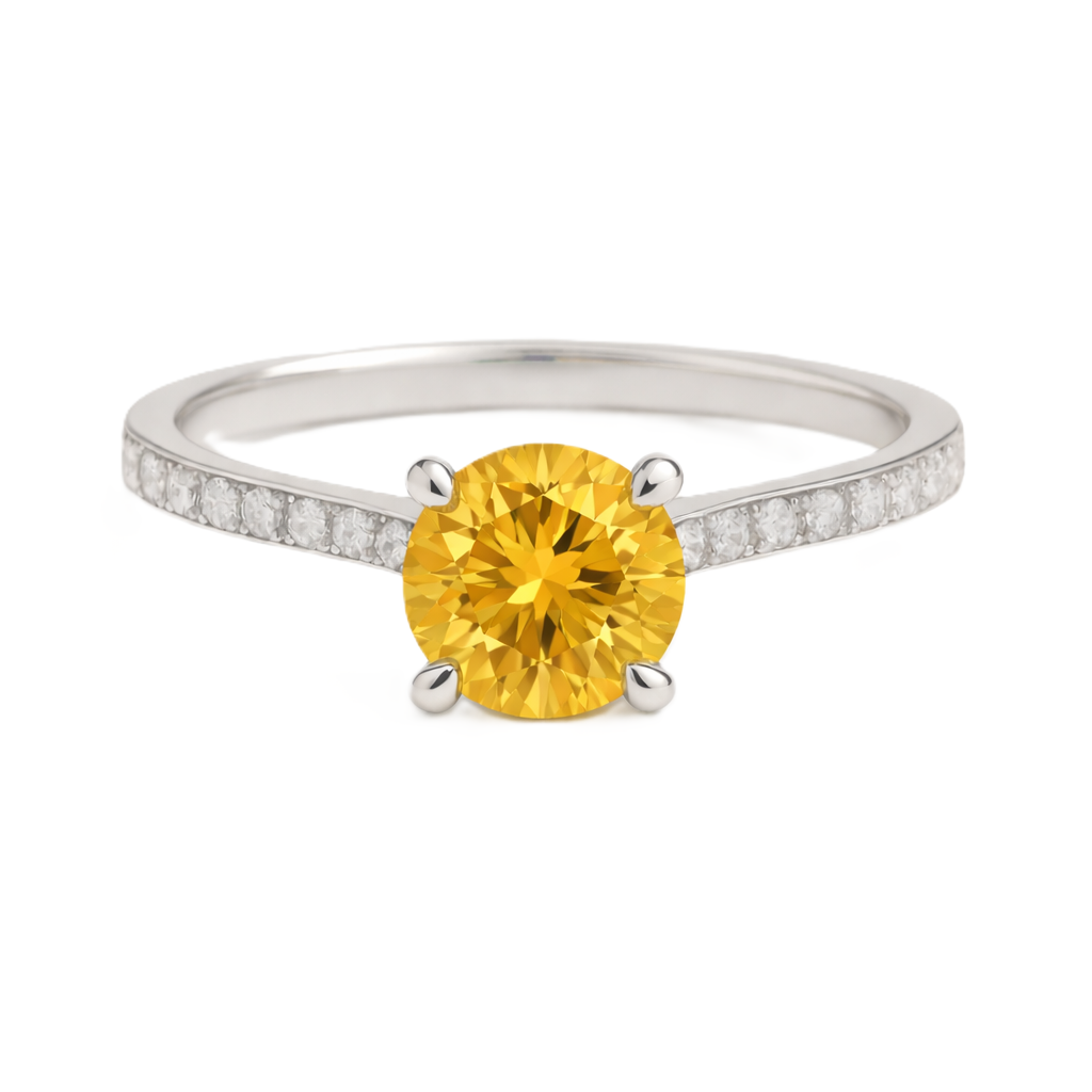 Citrine ring with a 6 mm round-cut and moissanite accents, crafted in white gold-plated 925 silver. Elegant for daily wear. Available now at BSI Jewelry.