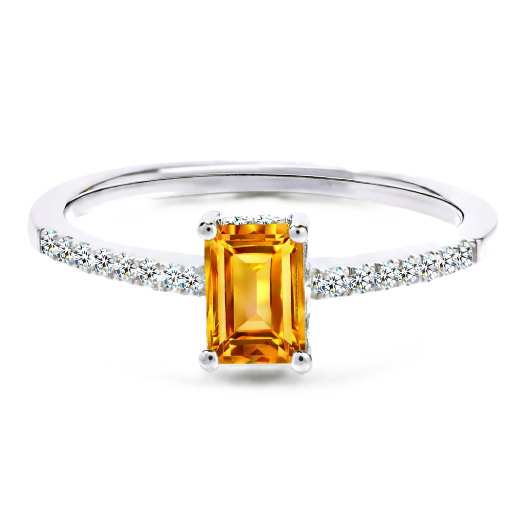 Citrine ring with a 7×5 mm emerald cut in white gold-plated 925 silver, with moissanite. Elegant and refined for daily wear. Available now at BSI Jewelry.