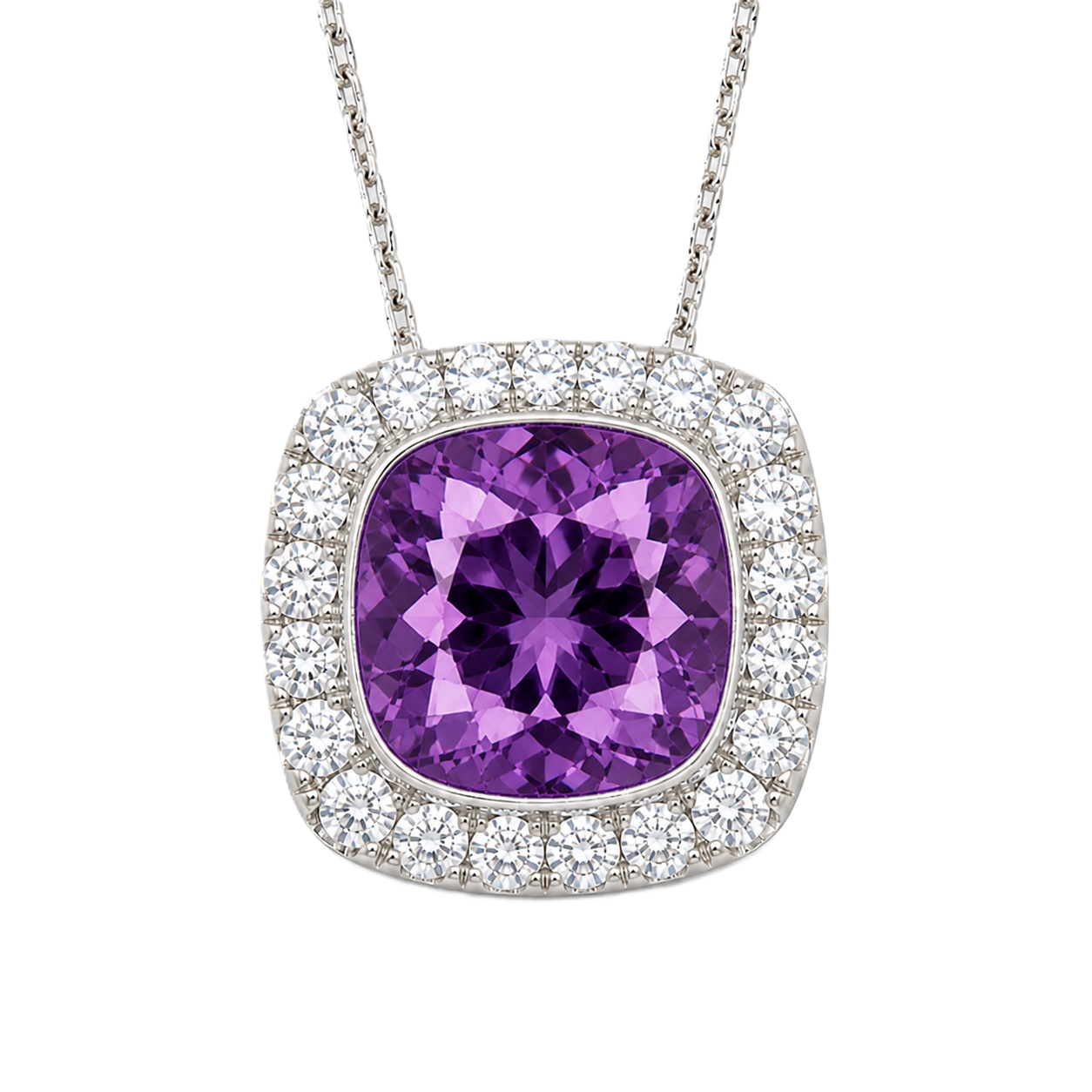 Amethyst cushion pendant, 6 mm cushion center with halo, crafted in white gold-plated 925 silver. Elegant, calming, and radiant. Available now at BSI Jewelry.