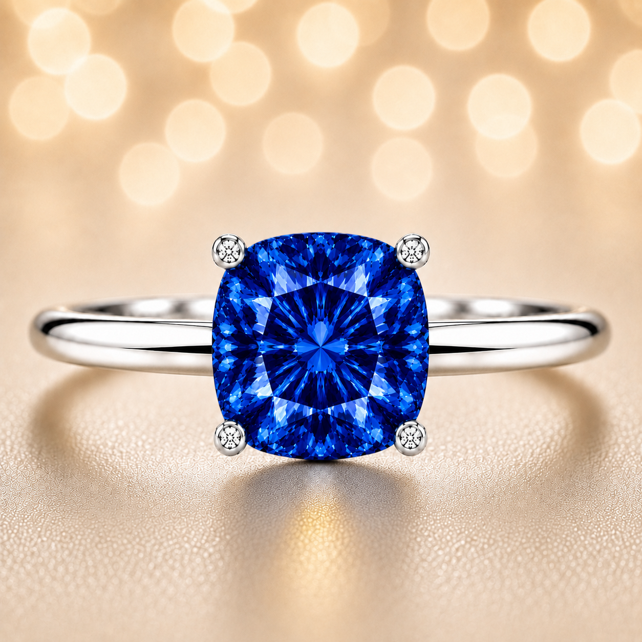 Blue Sapphire engagement ring featuring a 6 mm cushion gemstone in white gold-plated 925 silver. Elegant and hypoallergenic. Available now at BSI Jewelry.