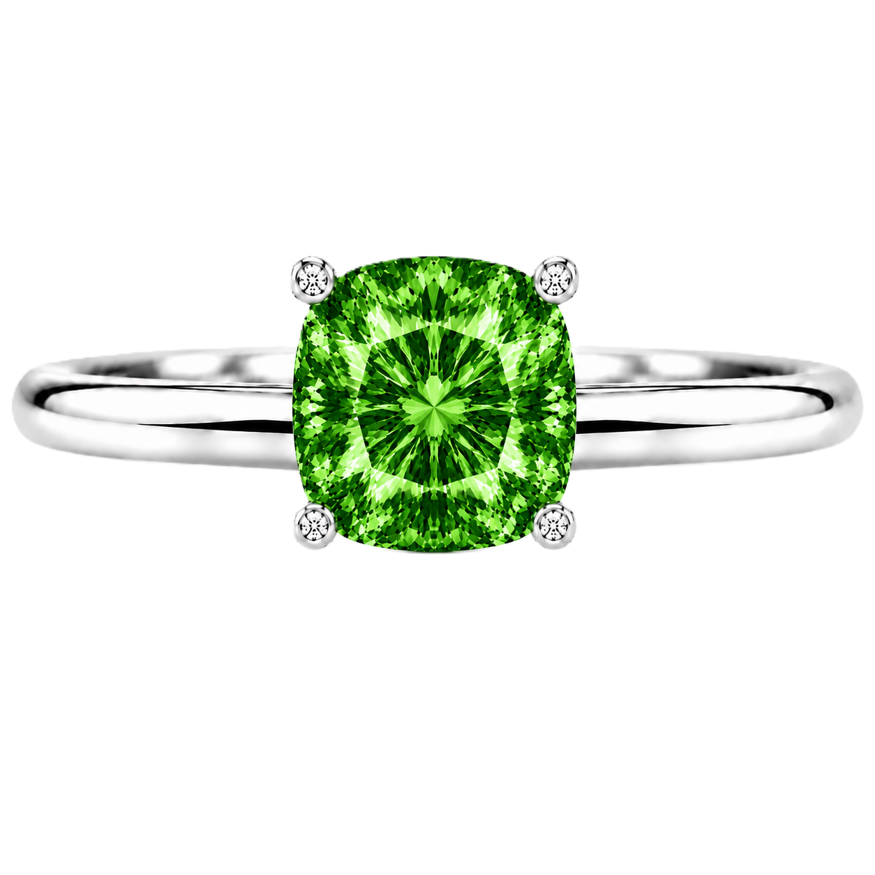 Green Sapphire engagement ring featuring a 6 mm cushion gemstone in white gold-plated 925 silver. Elegant and hypoallergenic. Available now at BSI Jewelry.