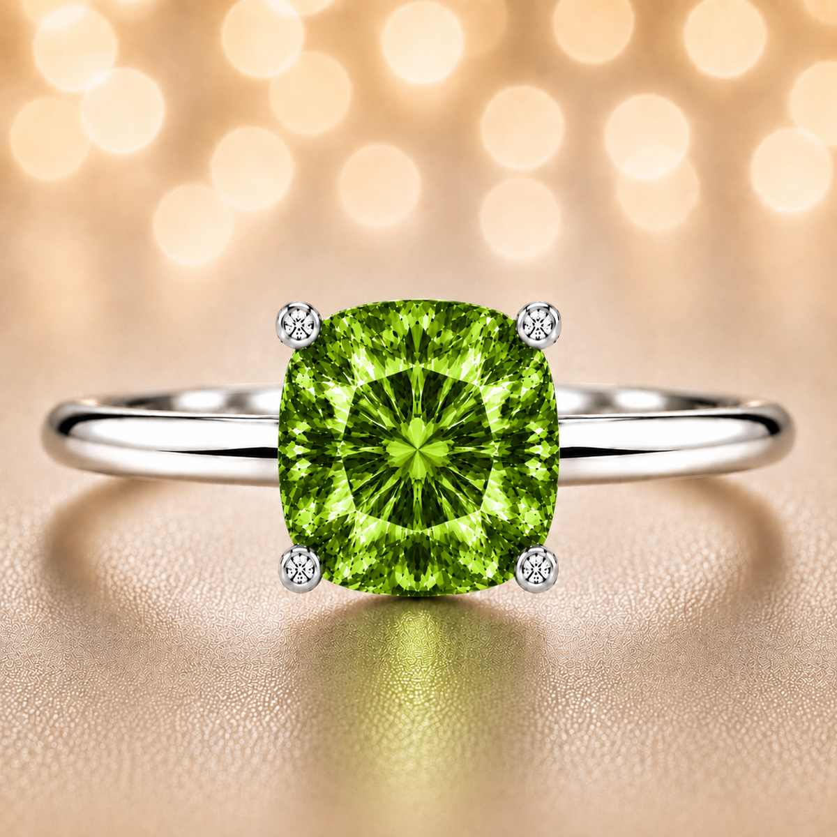 Green Sapphire engagement ring featuring a 6 mm cushion gemstone in white gold-plated 925 silver. Elegant and hypoallergenic. Available now at BSI Jewelry.