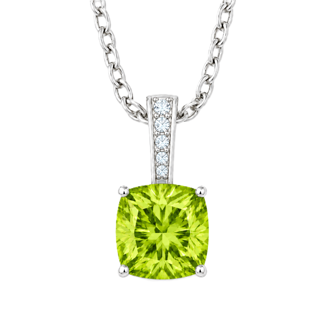 Peridot cushion pendant in white gold-plated 925 silver with moissanite accents. Elegant and hypoallergenic. Available now at BSI Jewelry.