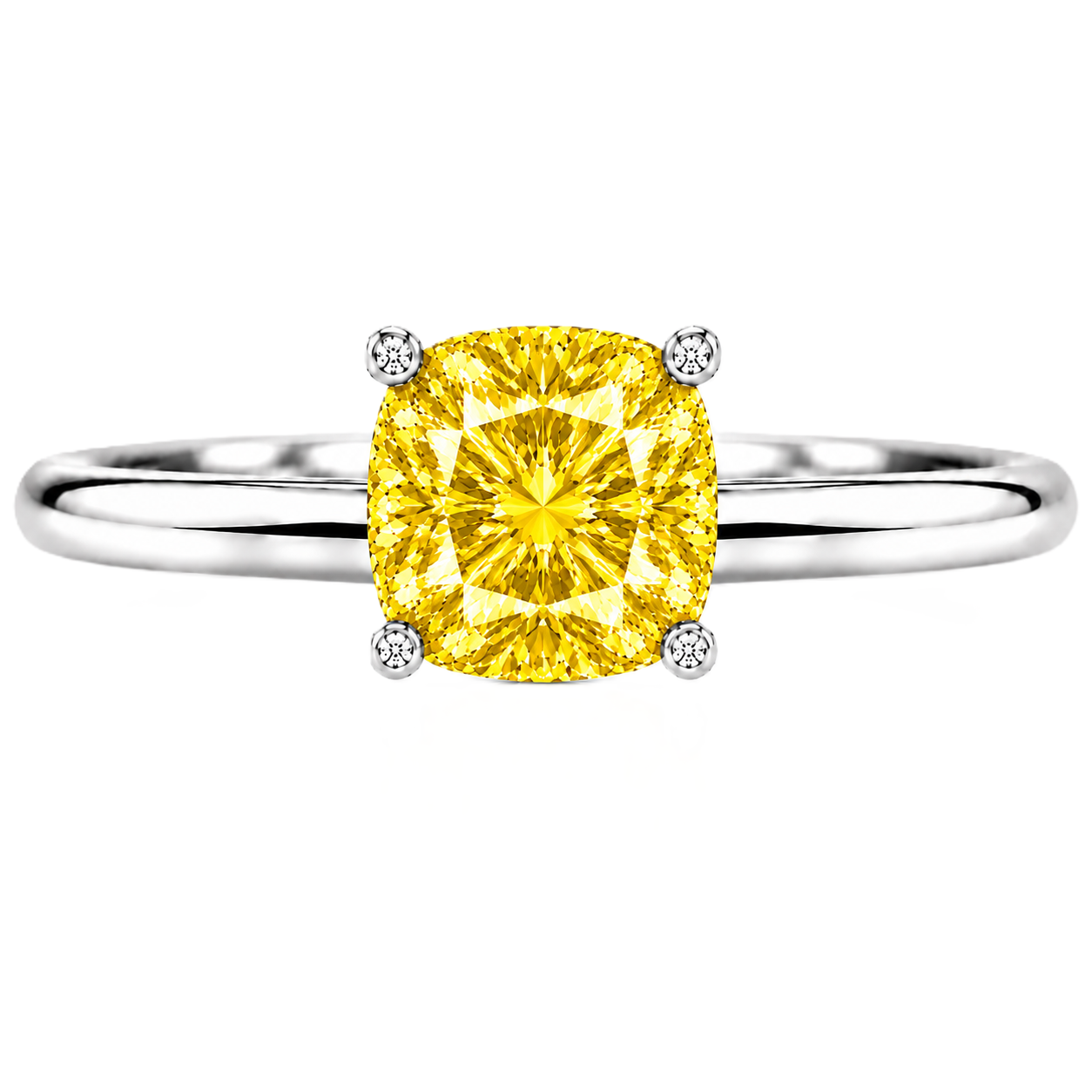 Yellow Sapphire engagement ring featuring a 6 mm cushion gemstone in white gold-plated 925 silver. Elegant and hypoallergenic. Available now at BSI Jewelry.