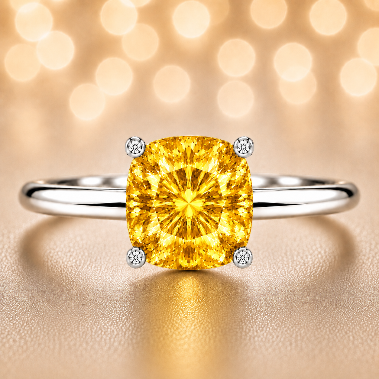 Yellow Sapphire engagement ring featuring a 6 mm cushion gemstone in white gold-plated 925 silver. Elegant and hypoallergenic. Available now at BSI Jewelry.