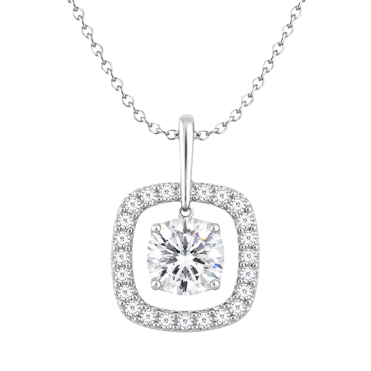 Elegant cushion moissanite halo pendant in white gold-plated 925 silver. Timeless sparkle with a floating halo design. Available now at BSI Jewelry.