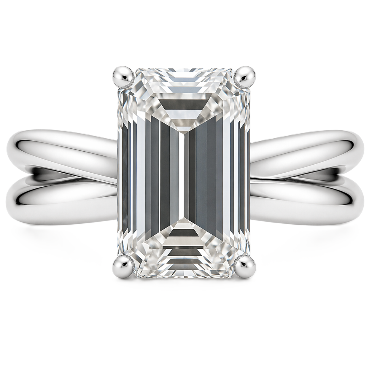 Emerald cut moissanite ring, 10×8 mm, set in white gold plated 925 silver. Bold, elegant, and hypoallergenic for daily wear. Available now at BSI Jewelry.