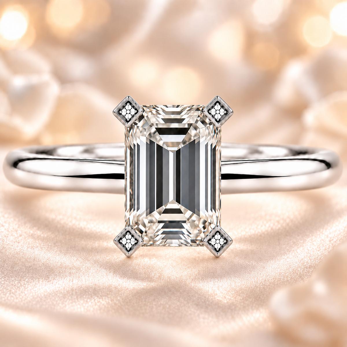 Timeless emerald moissanite engagement ring with a 6×4 mm emerald-cut center stone, crafted in white gold plated 925 silver. Available now at BSI Jewelry.